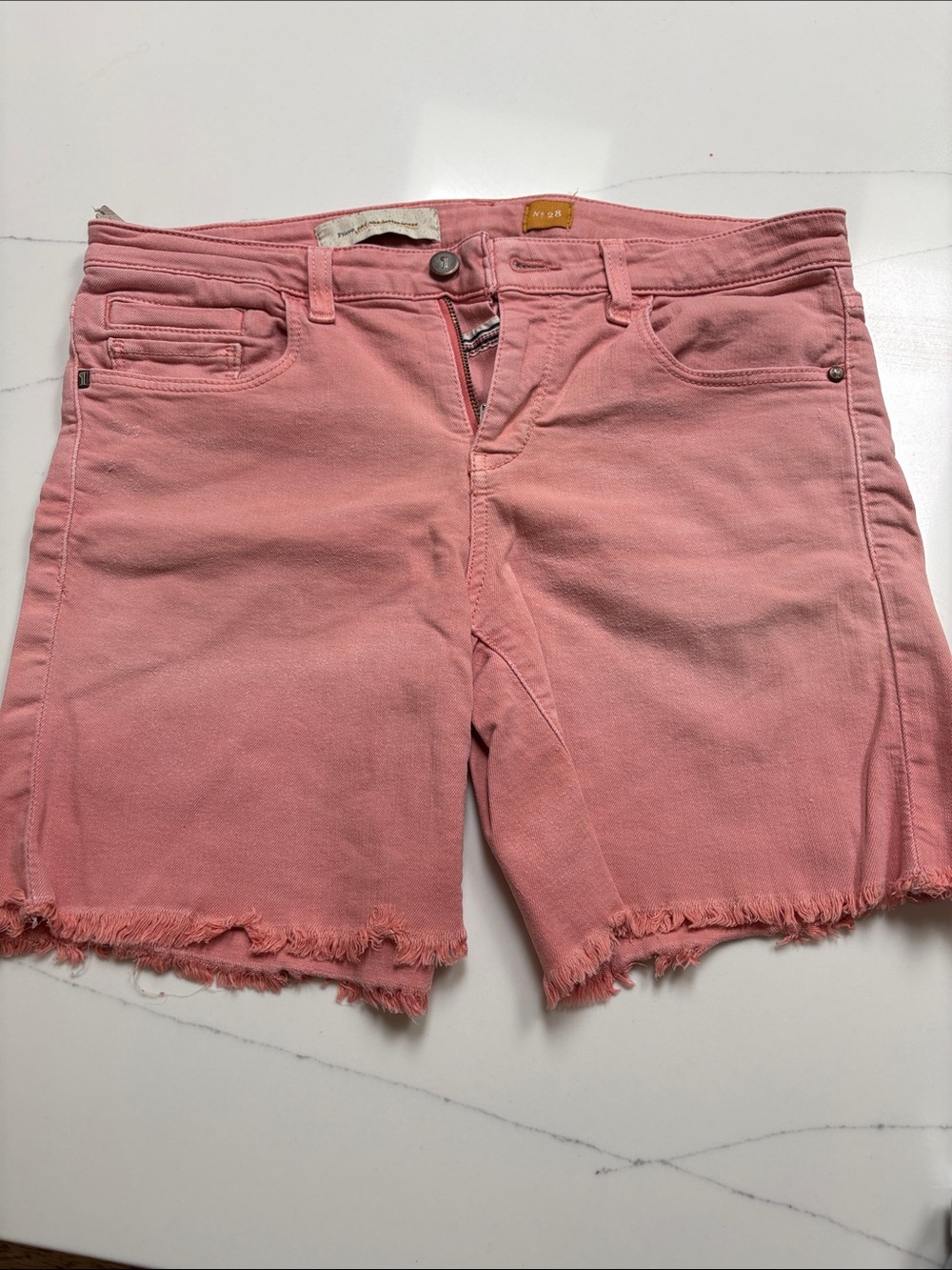 Pilcro and the Letterpress Coral Pink Frayed Hem Denim Bermuda Shorts